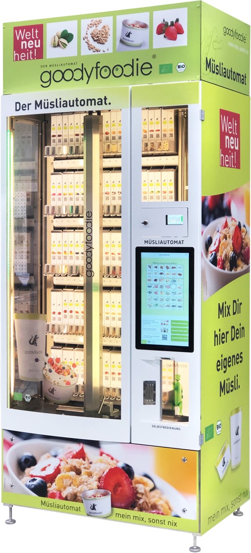 Ein Müsliautomat der Live in Echtzeit ein selbst zusammengestelltes Müsli mischt.